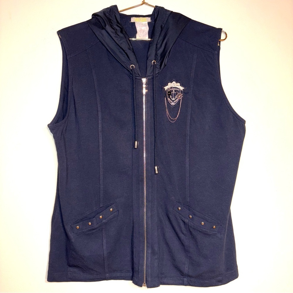 Dolcezza Navy Hooded Vest with anchor and Chain Details, approx Size XL